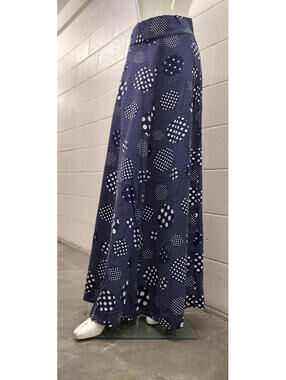 PAT SANDLER Vintage Blue Maxi Skirt Navy Blue Polka Dots A-line PAT'S PLACE 28 M